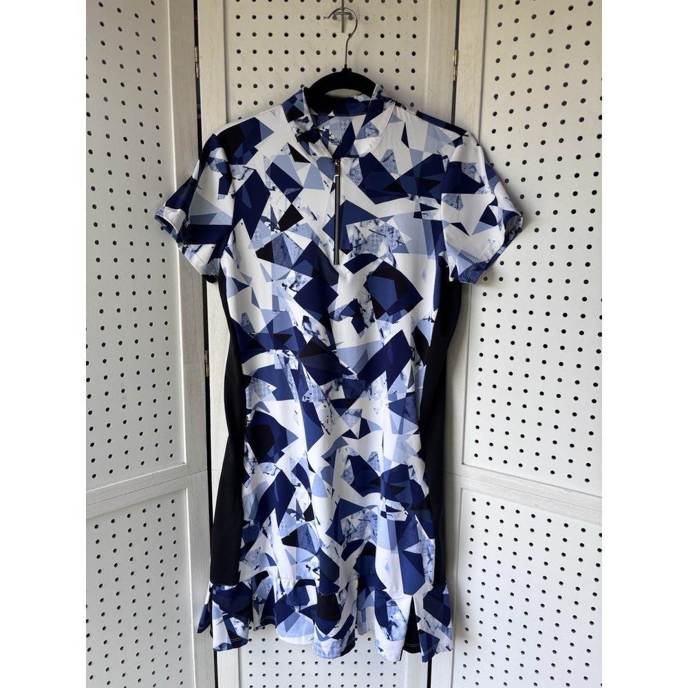 TAIL 1/4 Zip Golf Tennis Dress Short SLV Ruffle Zip Pockets Women's M Blue Geo